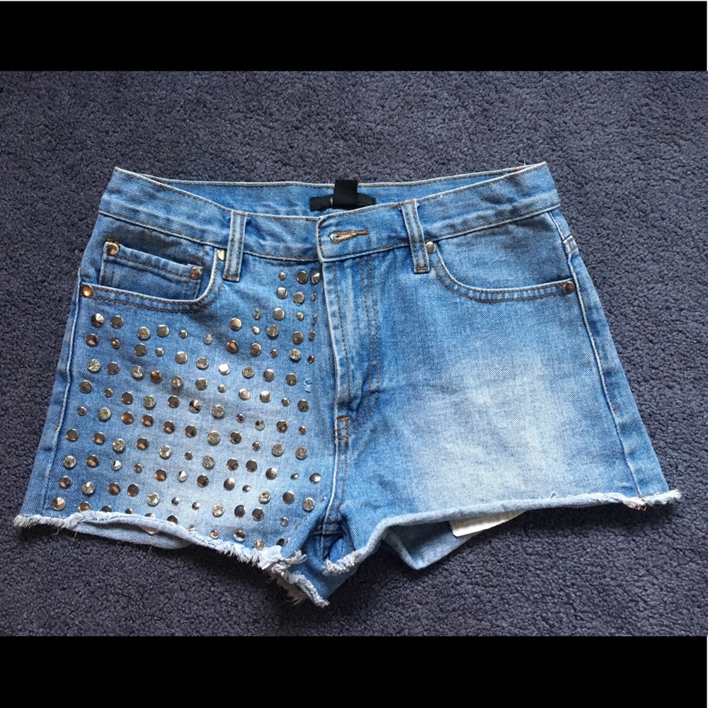 F21 high rise denim shorts with rhinestones/studs